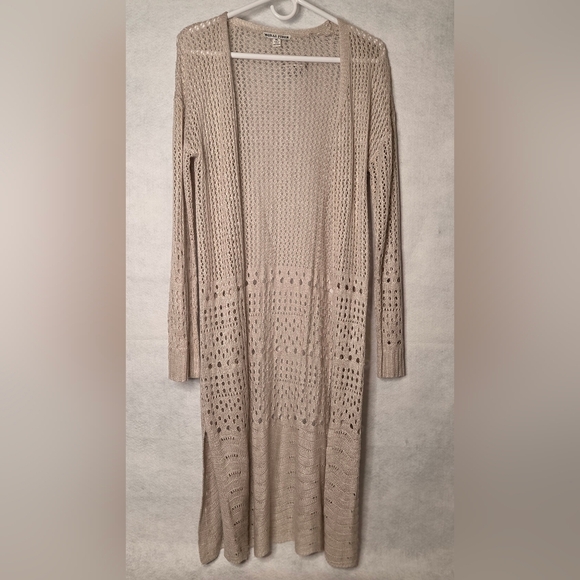 Moral Fiber Tan Camel Lightweight Cardigan with Intricate Knit Patterns Size XL - Picture 1 of 6